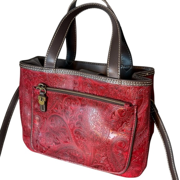 Relic Handbags - RELIC Red Paisley Embossed Satchel Brown Crossbody Strap Boston Bag Tooled